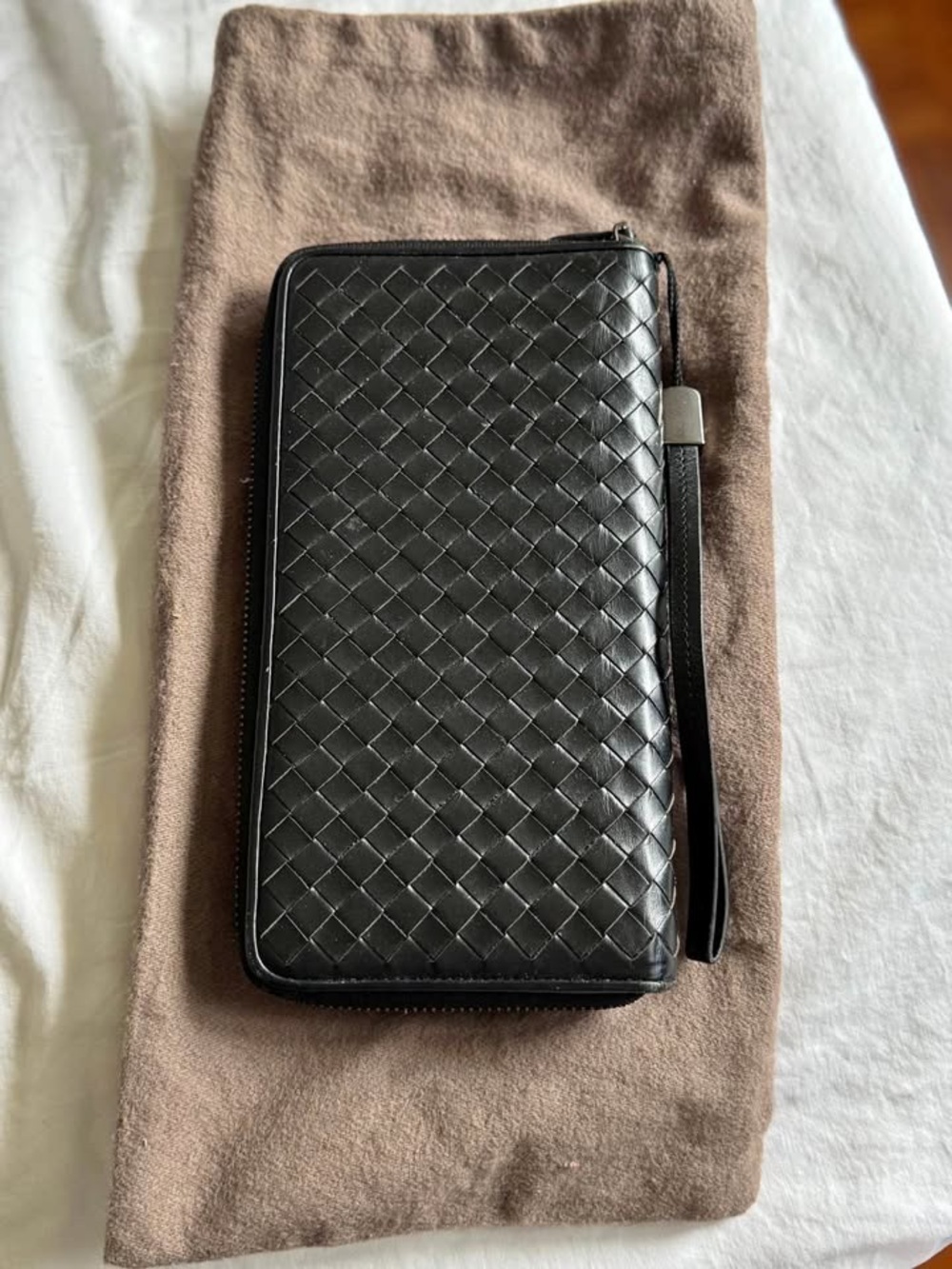 Bottega Veneta Black Woven Zip-Around Leather Wallet with Wrist Strap